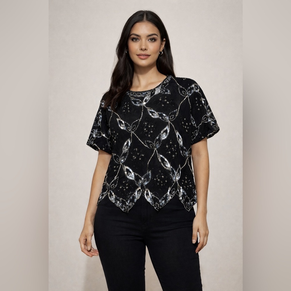 Vintage Argenti 100% Black Silk Hand Glass Beaded Statement Blouse Evening Top